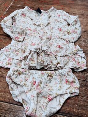 Ralph Lauren Cream Knit Floral Ruffle Top & Bloomers